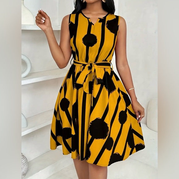 Dresses & Skirts - Yellow & Black Sleeveless Belted Fit & Flare Dress